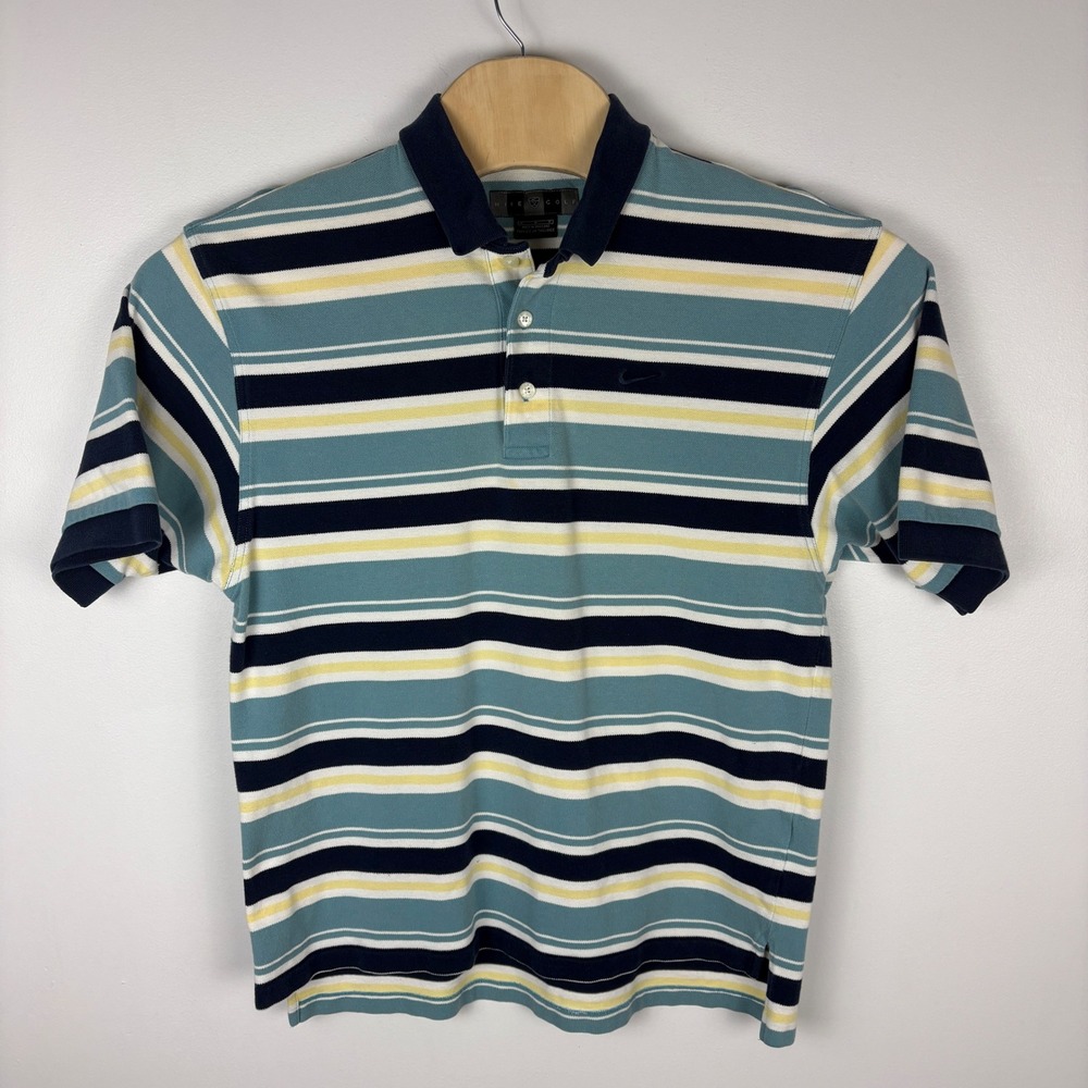 Nike Golf Polo Shirt‎ Men's Medium Blue Yellow White Stripe Short Sleeve